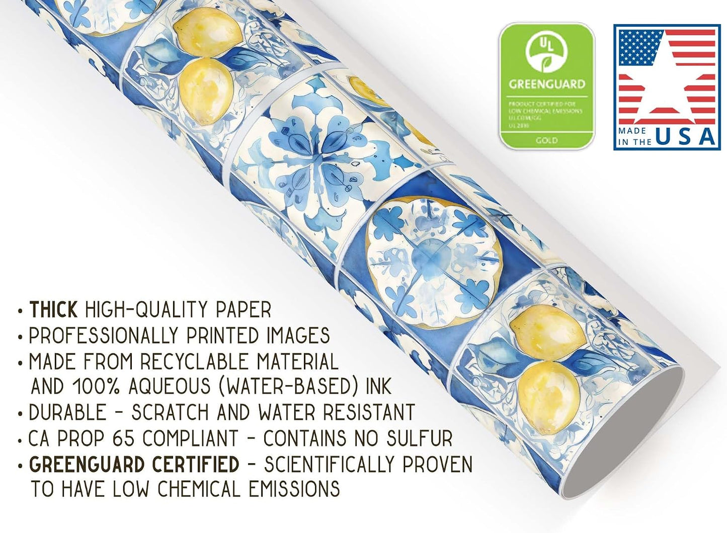 Amalfi Coast Wrapping Paper – Mediterranean Gift Wrap with Lemons, Florals & Tiles – Elegant for Weddings, Bridal Showers, Baby Showers, Engagements & Housewarmings (Blue Tile, 6 foot x 29 inch roll)
