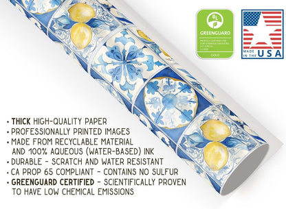 Amalfi Coast Wrapping Paper – Mediterranean Gift Wrap with Lemons, Florals & Tiles – Elegant for Weddings, Bridal Showers, Baby Showers, Engagements & Housewarmings (Blue Tile, 6 foot x 29 inch roll)