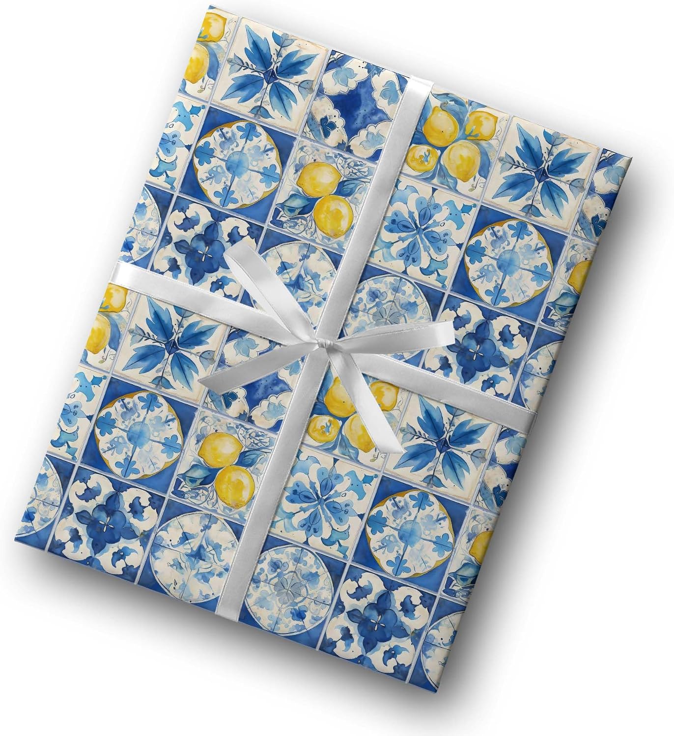 Amalfi Coast Wrapping Paper – Mediterranean Gift Wrap with Lemons, Florals & Tiles – Elegant for Weddings, Bridal Showers, Baby Showers, Engagements & Housewarmings (Blue Tile, 6 foot x 29 inch roll)