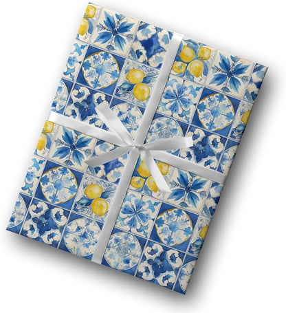 Amalfi Coast Wrapping Paper – Mediterranean Gift Wrap with Lemons, Florals & Tiles – Elegant for Weddings, Bridal Showers, Baby Showers, Engagements & Housewarmings (Blue Tile, 6 foot x 29 inch roll)