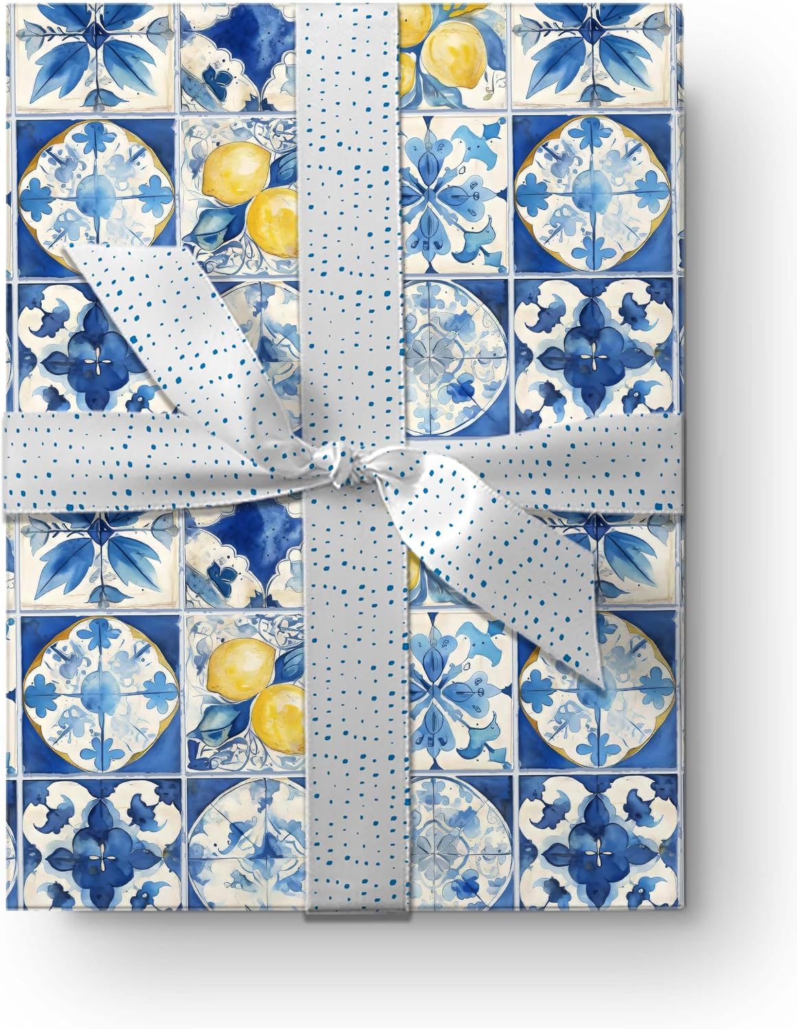 Amalfi Coast Wrapping Paper – Mediterranean Gift Wrap with Lemons, Florals & Tiles – Elegant for Weddings, Bridal Showers, Baby Showers, Engagements & Housewarmings (Blue Tile, 6 foot x 29 inch roll)