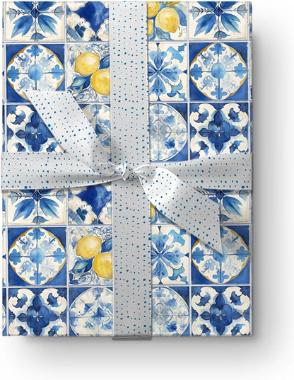 Amalfi Coast Wrapping Paper – Mediterranean Gift Wrap with Lemons, Florals & Tiles – Elegant for Weddings, Bridal Showers, Baby Showers, Engagements & Housewarmings (Blue Tile, 6 foot x 29 inch roll)