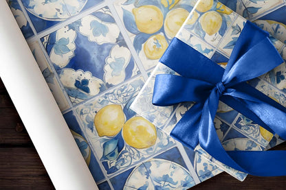 Amalfi Coast Wrapping Paper – Mediterranean Gift Wrap with Lemons, Florals & Tiles – Elegant for Weddings, Bridal Showers, Baby Showers, Engagements & Housewarmings (Blue Tile, 6 foot x 29 inch roll)