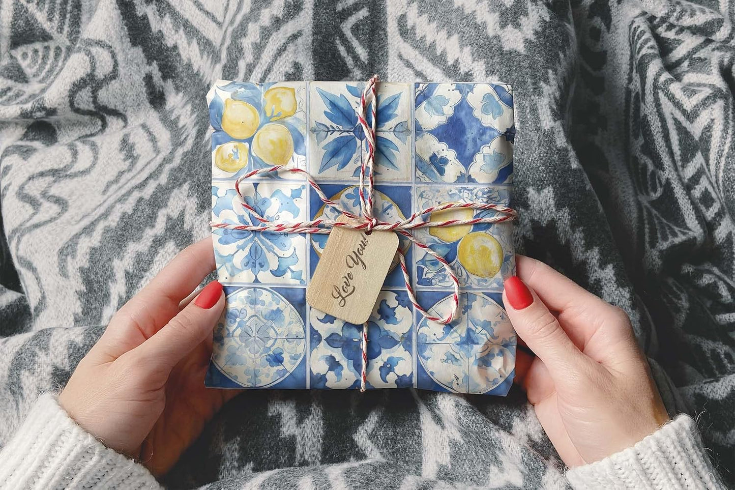 Amalfi Coast Wrapping Paper – Mediterranean Gift Wrap with Lemons, Florals & Tiles – Elegant for Weddings, Bridal Showers, Baby Showers, Engagements & Housewarmings (Blue Tile, 6 foot x 29 inch roll)