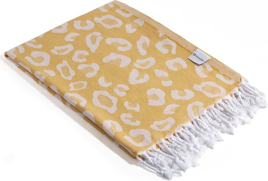 Turkish Cotton Bath & Beach Towel, Leopard Print - Golden Yellow | Thin Reversible Animal Design, Lightweight, Quick Drying, Sand Resistant, Flat Woven, Absorbent, For Pool or Travel