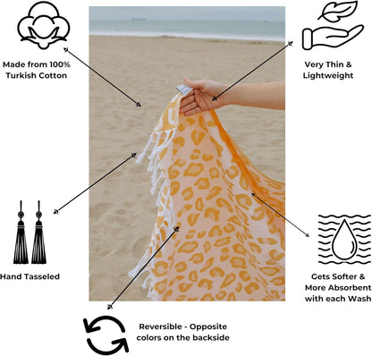 Turkish Cotton Bath & Beach Towel, Leopard Print - Golden Yellow | Thin Reversible Animal Design, Lightweight, Quick Drying, Sand Resistant, Flat Woven, Absorbent, For Pool or Travel