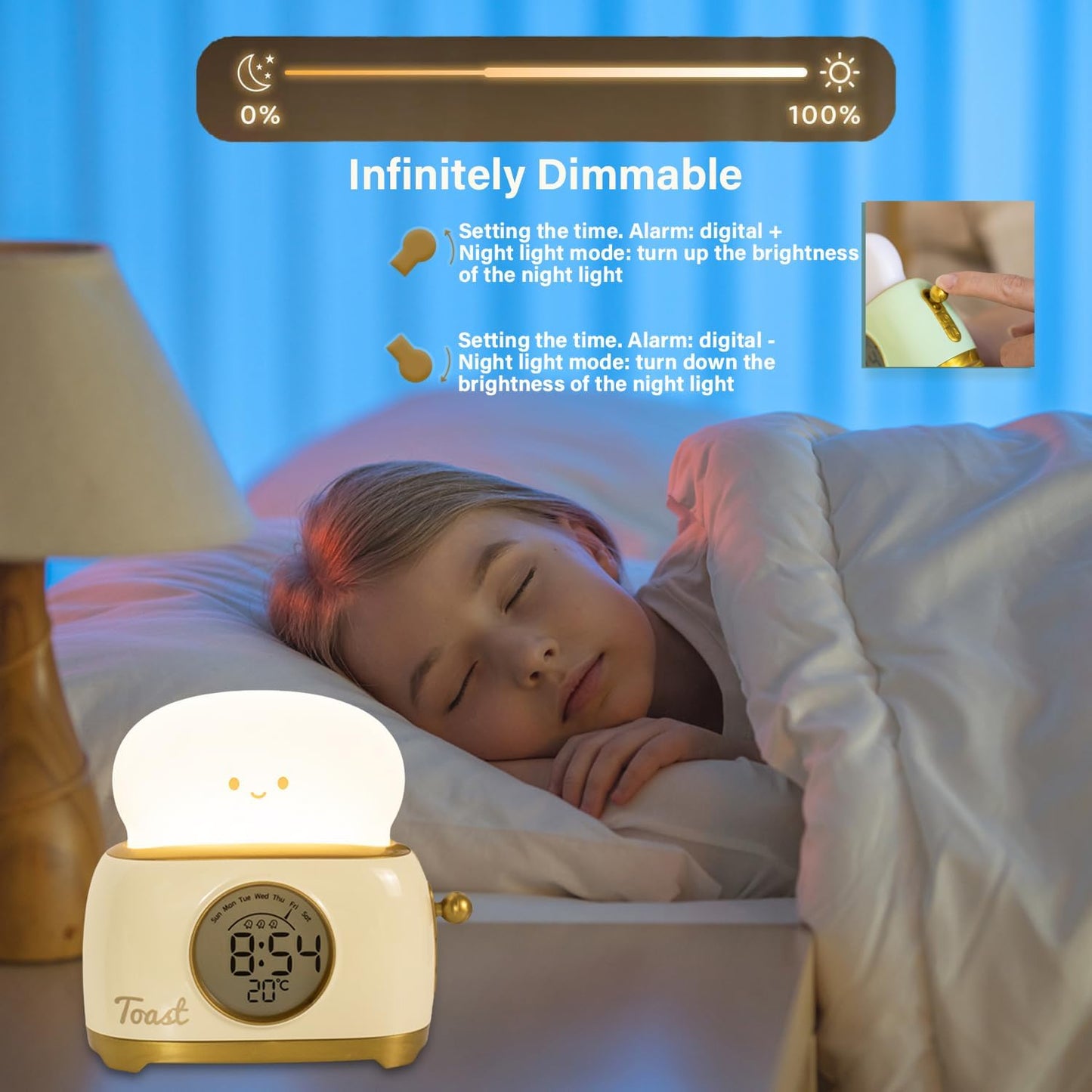 Kids Toast Night Light Alarm Clock, Kids Sleep Trainer, Cute Toast Clock Dimmable Night Light, Ideal Christmas Birthday Gift for Kids Adults(Toast Clock-Yellow)