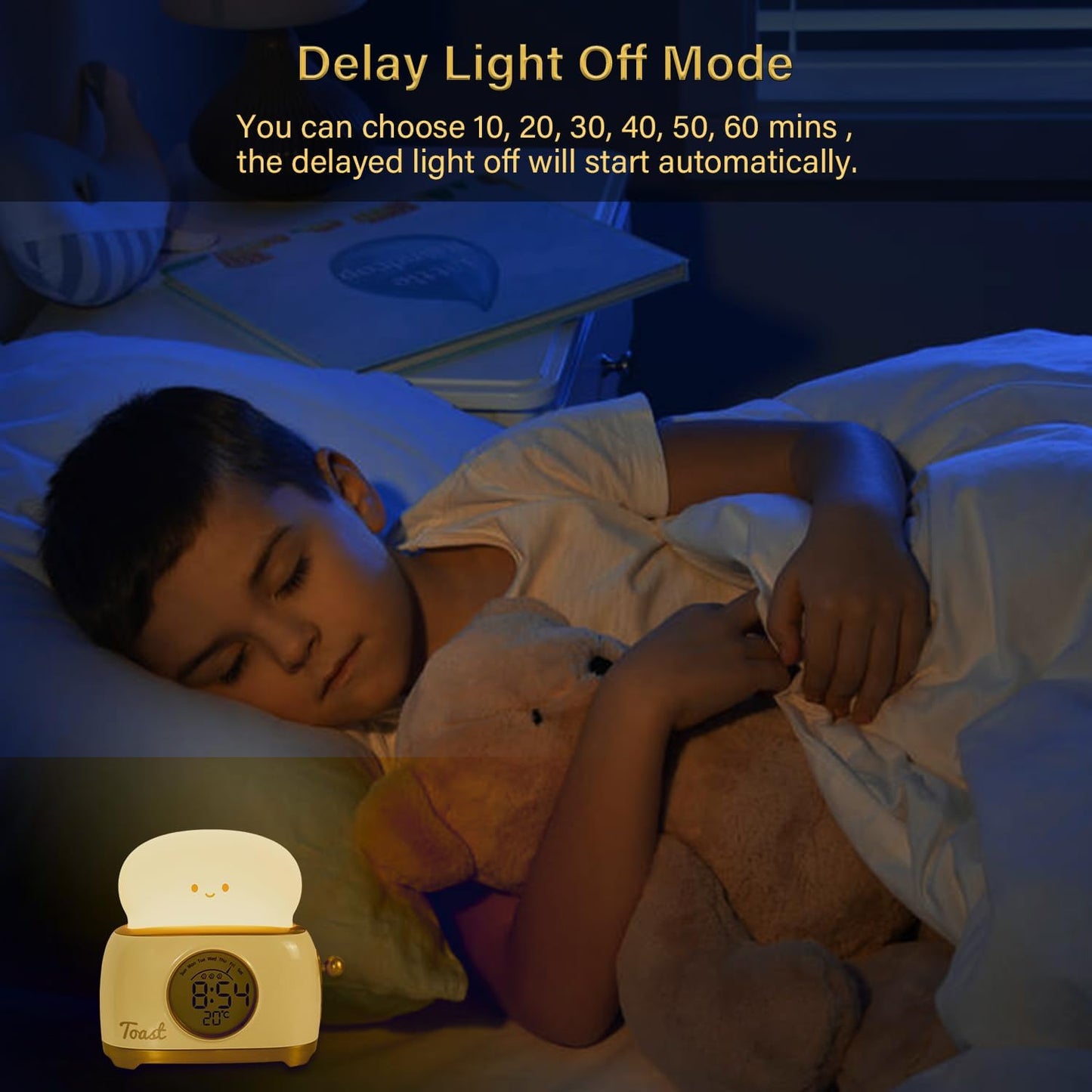 Kids Toast Night Light Alarm Clock, Kids Sleep Trainer, Cute Toast Clock Dimmable Night Light, Ideal Christmas Birthday Gift for Kids Adults(Toast Clock-Yellow)