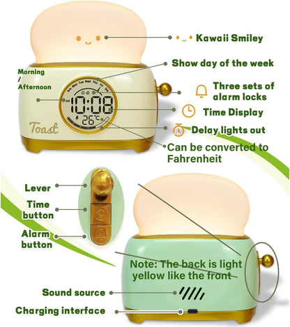 Kids Toast Night Light Alarm Clock, Kids Sleep Trainer, Cute Toast Clock Dimmable Night Light, Ideal Christmas Birthday Gift for Kids Adults(Toast Clock-Yellow)