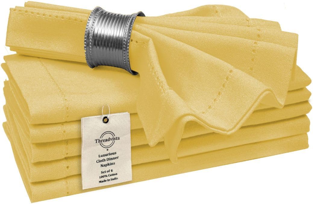 Yellow Hemstitch 100% Cotton Dinner Napkins, Set of 6, 18x18 | Cloth Napkins, Machine Washable, Soft Reusable Table Napkins for Weddings, Dining, Events, Holidays, Everyday Meals & Parties