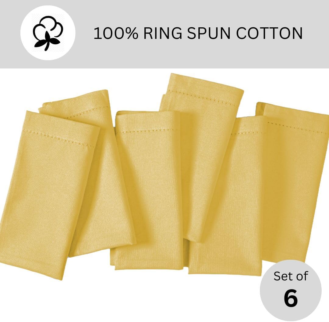 Yellow Hemstitch 100% Cotton Dinner Napkins, Set of 6, 18x18 | Cloth Napkins, Machine Washable, Soft Reusable Table Napkins for Weddings, Dining, Events, Holidays, Everyday Meals & Parties