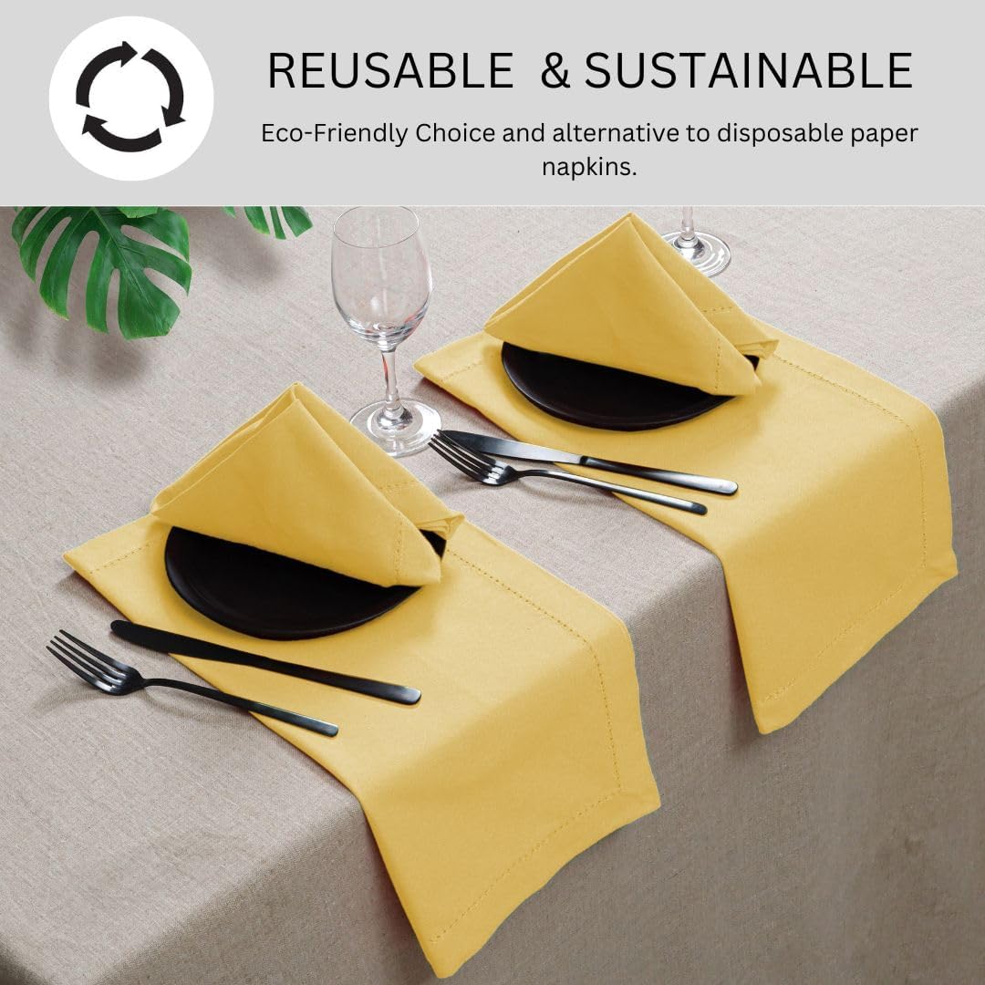 Yellow Hemstitch 100% Cotton Dinner Napkins, Set of 6, 18x18 | Cloth Napkins, Machine Washable, Soft Reusable Table Napkins for Weddings, Dining, Events, Holidays, Everyday Meals & Parties