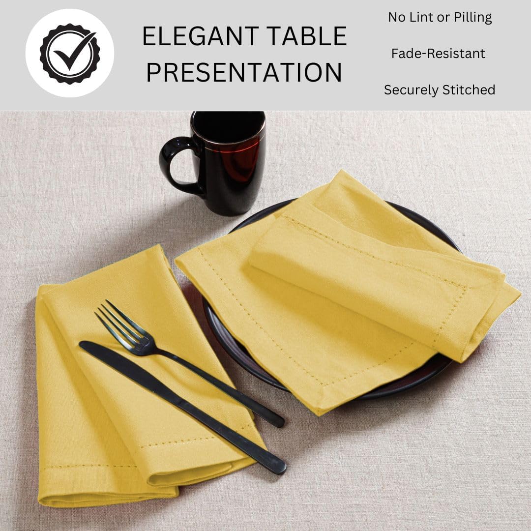 Yellow Hemstitch 100% Cotton Dinner Napkins, Set of 6, 18x18 | Cloth Napkins, Machine Washable, Soft Reusable Table Napkins for Weddings, Dining, Events, Holidays, Everyday Meals & Parties