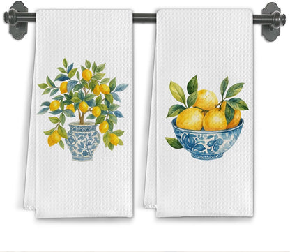 Chinoiserie Italian Lemon Kitchen Towels, Blue and White Porcelain Lemon Dish Tea Towels for Kitchen Decor, Grandmillennial Lemons Hand Towels for Bathroom Decor, 16x24 Inch Set of 2