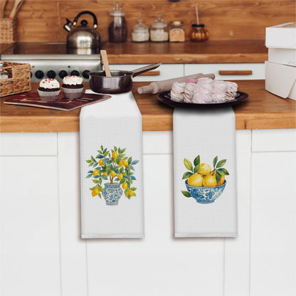 Chinoiserie Italian Lemon Kitchen Towels, Blue and White Porcelain Lemon Dish Tea Towels for Kitchen Decor, Grandmillennial Lemons Hand Towels for Bathroom Decor, 16x24 Inch Set of 2