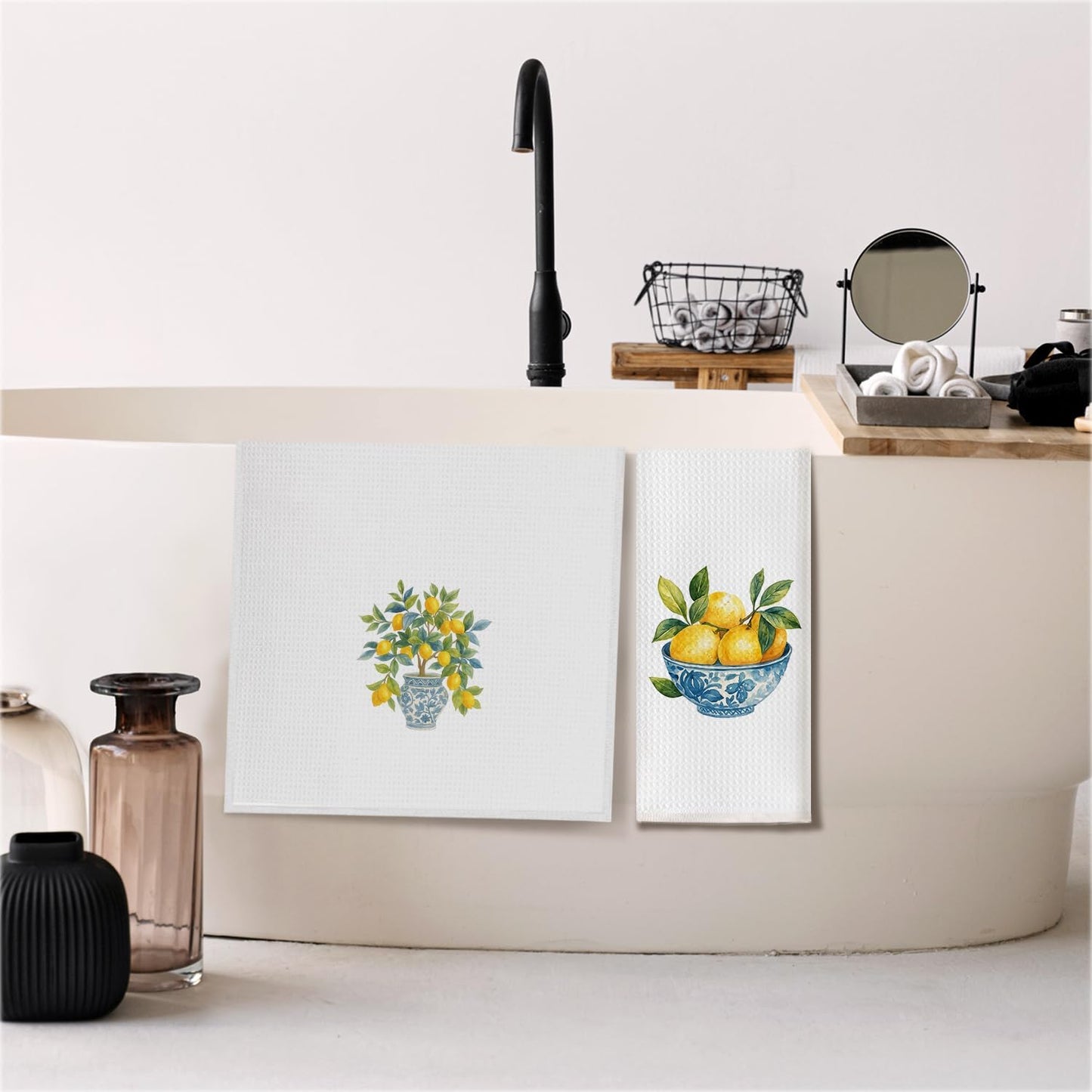Chinoiserie Italian Lemon Kitchen Towels, Blue and White Porcelain Lemon Dish Tea Towels for Kitchen Decor, Grandmillennial Lemons Hand Towels for Bathroom Decor, 16x24 Inch Set of 2