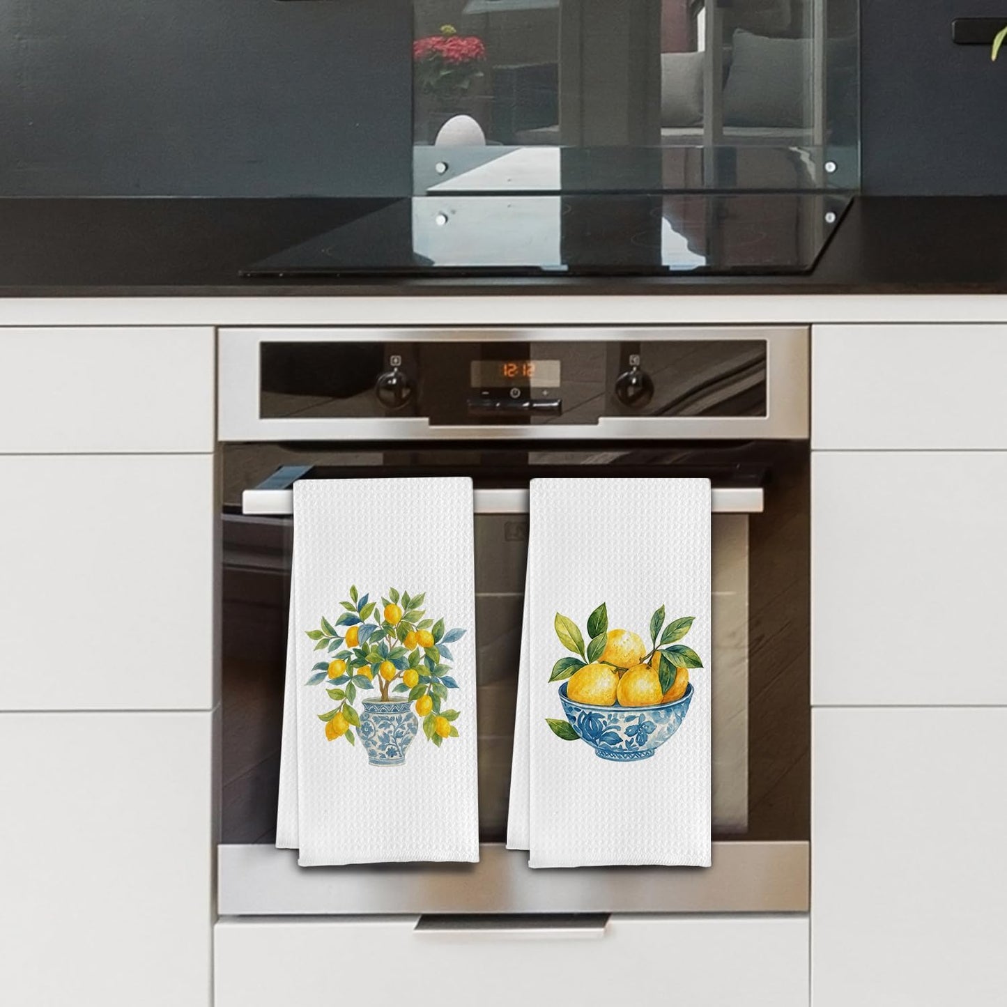 Chinoiserie Italian Lemon Kitchen Towels, Blue and White Porcelain Lemon Dish Tea Towels for Kitchen Decor, Grandmillennial Lemons Hand Towels for Bathroom Decor, 16x24 Inch Set of 2