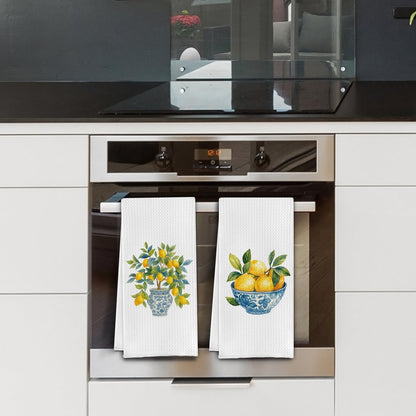Chinoiserie Italian Lemon Kitchen Towels, Blue and White Porcelain Lemon Dish Tea Towels for Kitchen Decor, Grandmillennial Lemons Hand Towels for Bathroom Decor, 16x24 Inch Set of 2