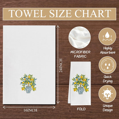 Chinoiserie Italian Lemon Kitchen Towels, Blue and White Porcelain Lemon Dish Tea Towels for Kitchen Decor, Grandmillennial Lemons Hand Towels for Bathroom Decor, 16x24 Inch Set of 2