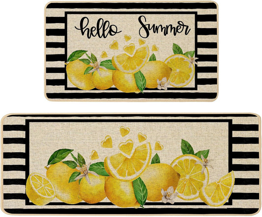 Yellow Lemon Kitchen Rugs Set of 2, Summer Black Striped Kitchen Mats for Floor Low-Profile Summer Seasonal Home Decor 17x29 and 17x47 Inch