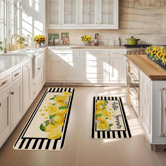 Yellow Lemon Kitchen Rugs Set of 2, Summer Black Striped Kitchen Mats for Floor Low-Profile Summer Seasonal Home Decor 17x29 and 17x47 Inch