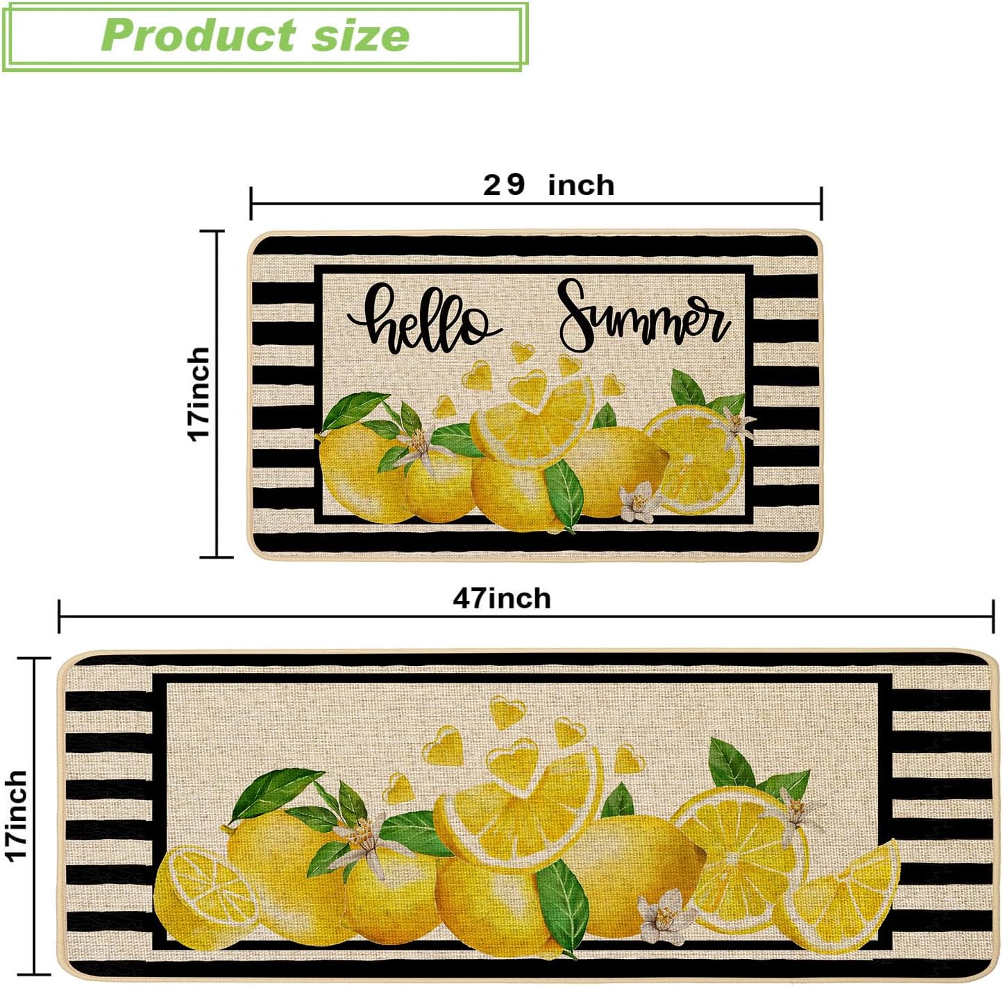 Yellow Lemon Kitchen Rugs Set of 2, Summer Black Striped Kitchen Mats for Floor Low-Profile Summer Seasonal Home Decor 17x29 and 17x47 Inch
