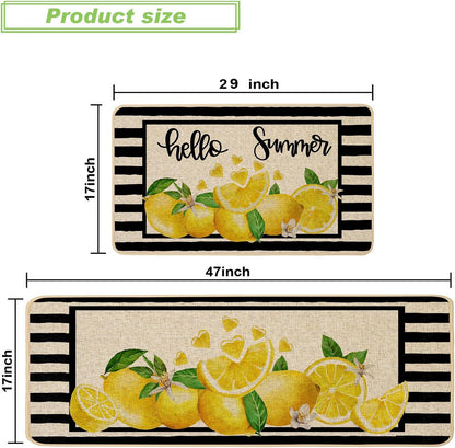Yellow Lemon Kitchen Rugs Set of 2, Summer Black Striped Kitchen Mats for Floor Low-Profile Summer Seasonal Home Decor 17x29 and 17x47 Inch