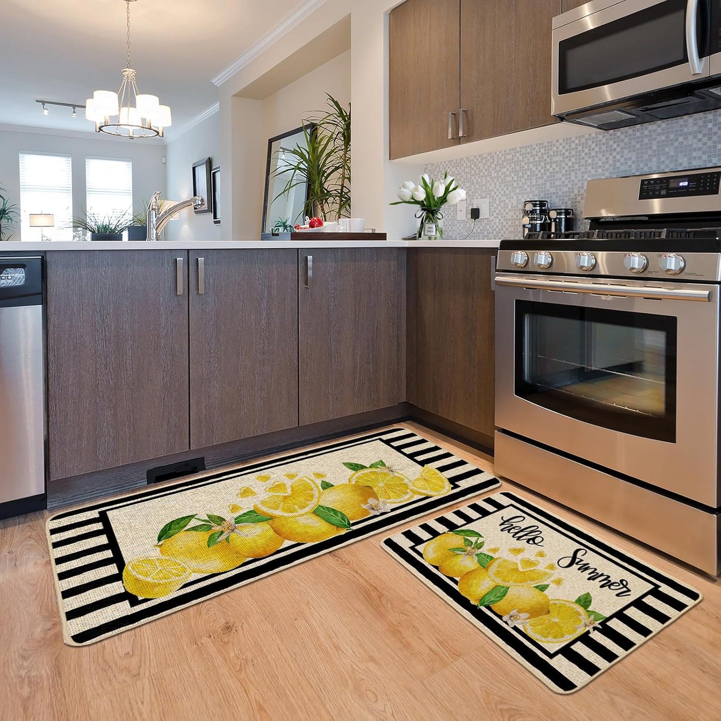 Yellow Lemon Kitchen Rugs Set of 2, Summer Black Striped Kitchen Mats for Floor Low-Profile Summer Seasonal Home Decor 17x29 and 17x47 Inch