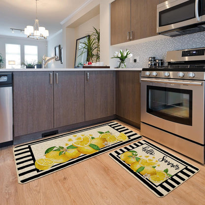 Yellow Lemon Kitchen Rugs Set of 2, Summer Black Striped Kitchen Mats for Floor Low-Profile Summer Seasonal Home Decor 17x29 and 17x47 Inch
