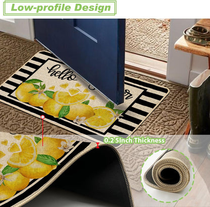 Yellow Lemon Kitchen Rugs Set of 2, Summer Black Striped Kitchen Mats for Floor Low-Profile Summer Seasonal Home Decor 17x29 and 17x47 Inch