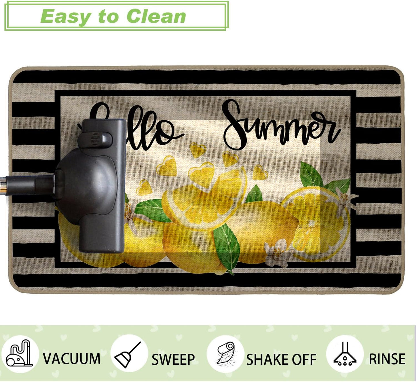 Yellow Lemon Kitchen Rugs Set of 2, Summer Black Striped Kitchen Mats for Floor Low-Profile Summer Seasonal Home Decor 17x29 and 17x47 Inch