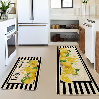 Yellow Lemon Kitchen Rugs Set of 2, Summer Black Striped Kitchen Mats for Floor Low-Profile Summer Seasonal Home Decor 17x29 and 17x47 Inch