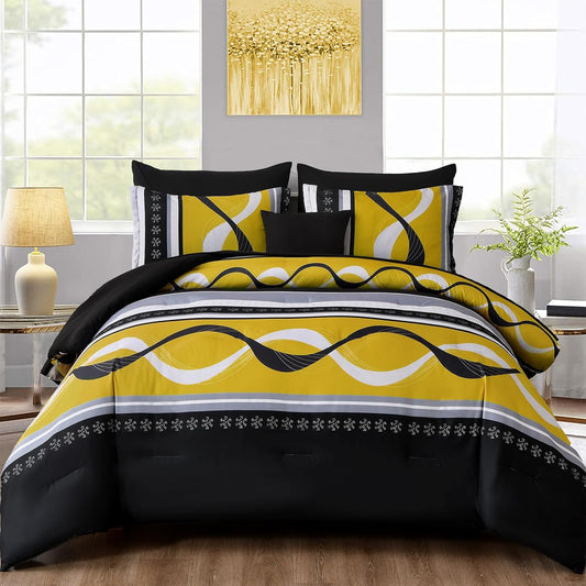 Yellow Black Comforter Set Queen Size,8 Pieces Bed in a Bag Patchwork Striped Bedding Sets,Boho Soft Microfiber Bedding Set for All Season(90"×90")