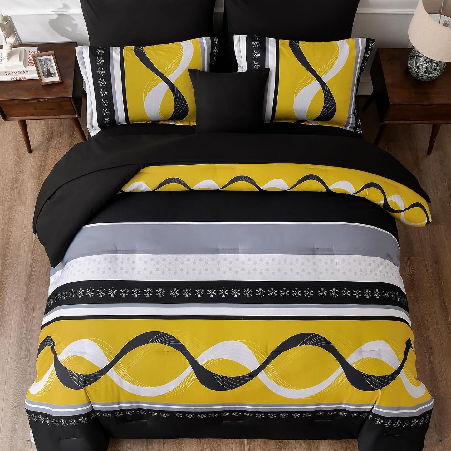 Yellow Black Comforter Set Queen Size,8 Pieces Bed in a Bag Patchwork Striped Bedding Sets,Boho Soft Microfiber Bedding Set for All Season(90"×90")