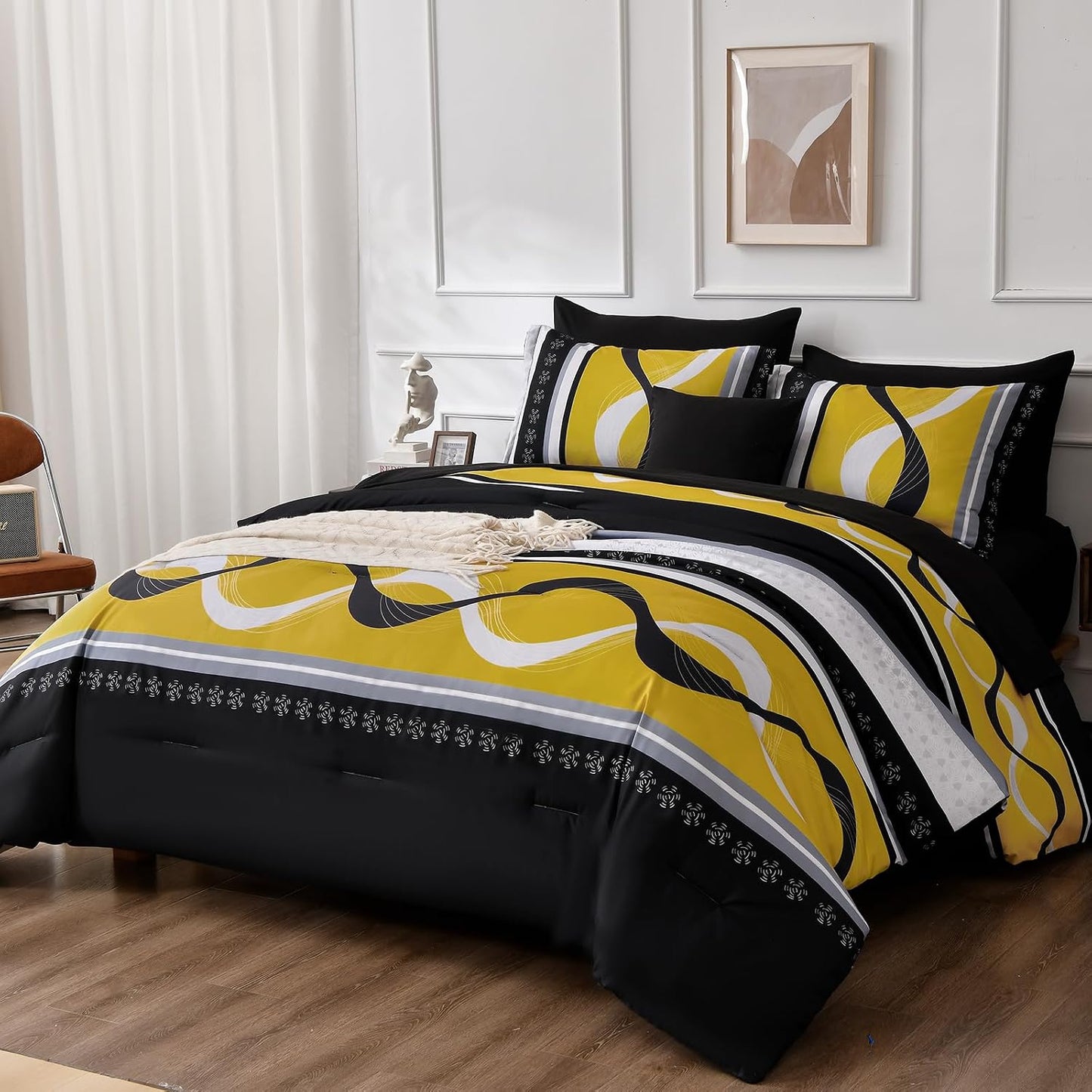 Yellow Black Comforter Set Queen Size,8 Pieces Bed in a Bag Patchwork Striped Bedding Sets,Boho Soft Microfiber Bedding Set for All Season(90"×90")