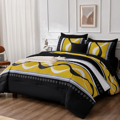 Yellow Black Comforter Set Queen Size,8 Pieces Bed in a Bag Patchwork Striped Bedding Sets,Boho Soft Microfiber Bedding Set for All Season(90"×90")
