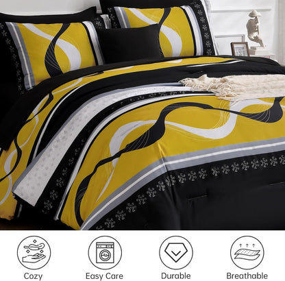 Yellow Black Comforter Set Queen Size,8 Pieces Bed in a Bag Patchwork Striped Bedding Sets,Boho Soft Microfiber Bedding Set for All Season(90"×90")