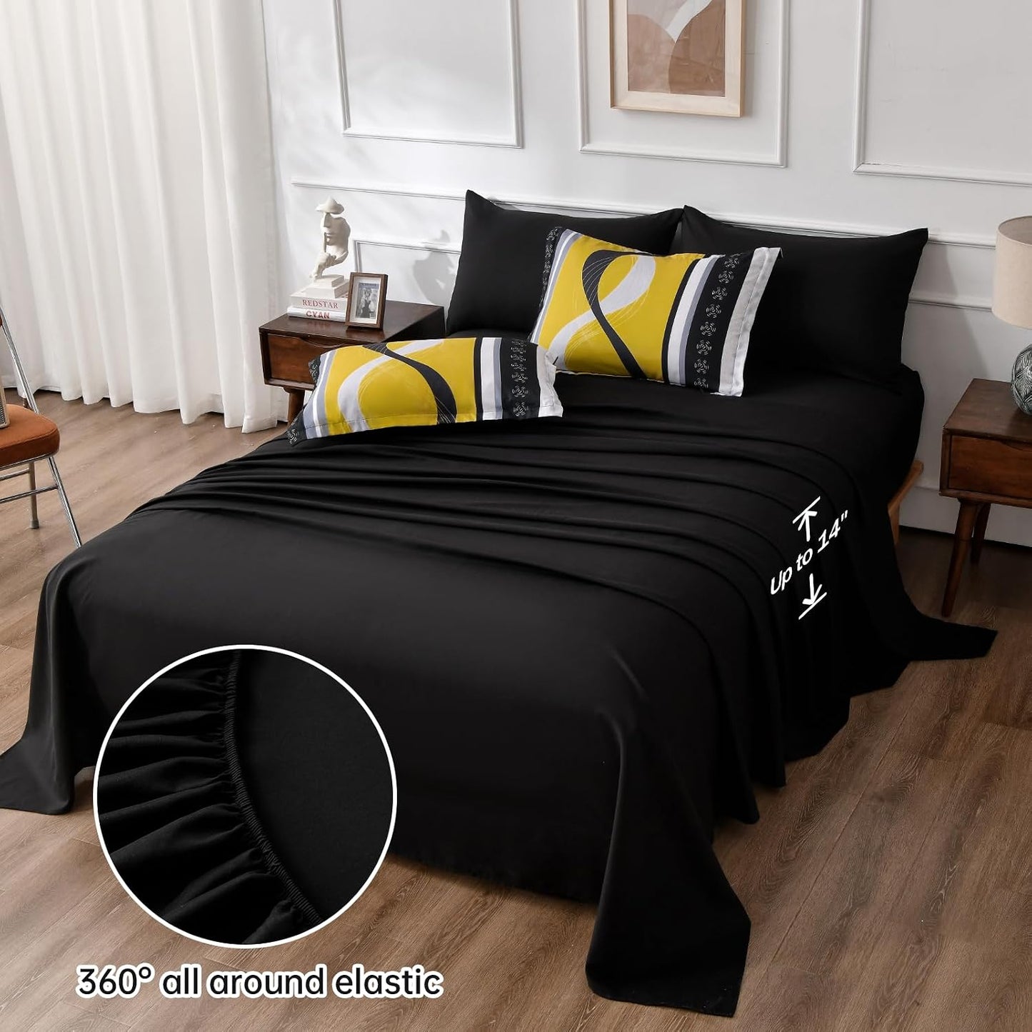 Yellow Black Comforter Set Queen Size,8 Pieces Bed in a Bag Patchwork Striped Bedding Sets,Boho Soft Microfiber Bedding Set for All Season(90"×90")