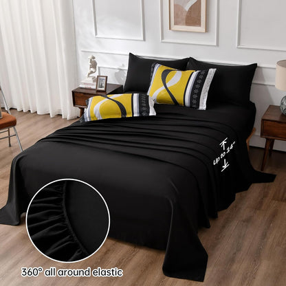 Yellow Black Comforter Set Queen Size,8 Pieces Bed in a Bag Patchwork Striped Bedding Sets,Boho Soft Microfiber Bedding Set for All Season(90"×90")