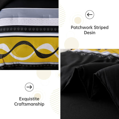 Yellow Black Comforter Set Queen Size,8 Pieces Bed in a Bag Patchwork Striped Bedding Sets,Boho Soft Microfiber Bedding Set for All Season(90"×90")