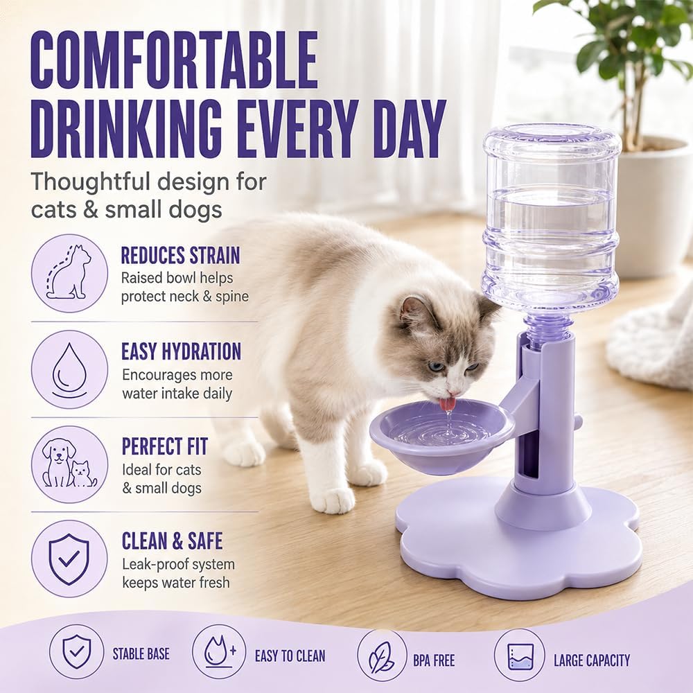 Gravity Cat Water Dispenser Stand Spill Proof Automatic Refill Bowl Anti-Tip Bottles Elevated Drinking Tray with Suction Base and Wide Footprint for Standard Bottles，Yellow