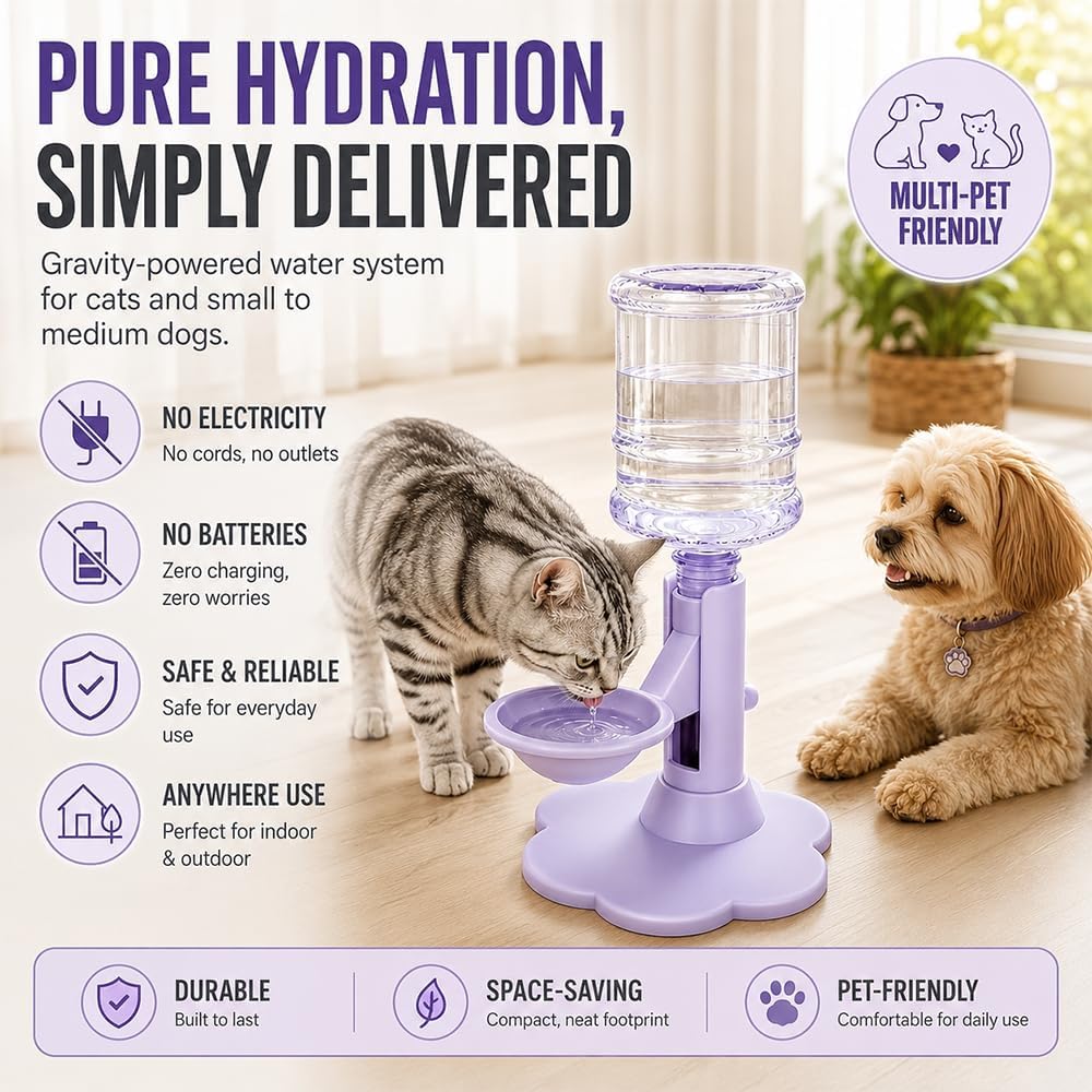 Gravity Cat Water Dispenser Stand Spill Proof Automatic Refill Bowl Anti-Tip Bottles Elevated Drinking Tray with Suction Base and Wide Footprint for Standard Bottles，Yellow