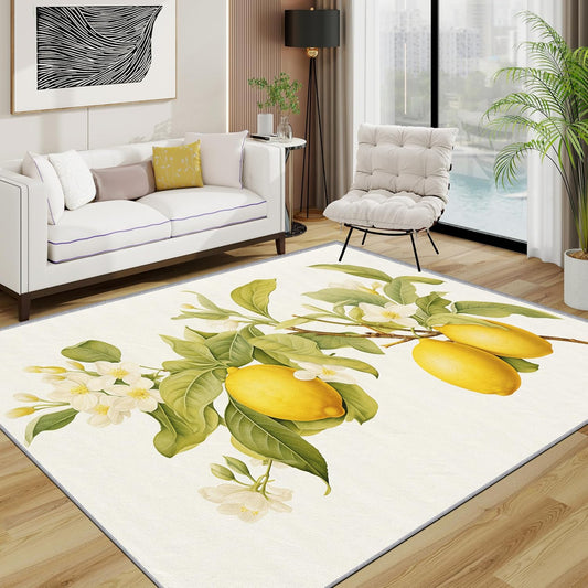 5x7 Rug Washable - Lemon Rugs for Living Room - Green Leaves Botanical Rug for Bedroom Non Slip Low Pile Machine Washable Area Rugs, Pastoral Flowers Vintage Carpets Home Decor