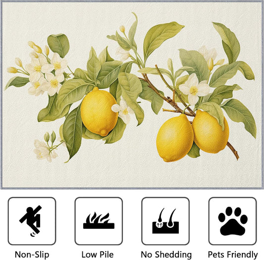 5x7 Rug Washable - Lemon Rugs for Living Room - Green Leaves Botanical Rug for Bedroom Non Slip Low Pile Machine Washable Area Rugs, Pastoral Flowers Vintage Carpets Home Decor