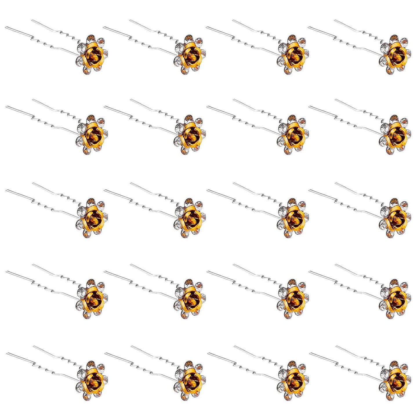 20 Pack (Yellow) Crystal Hair Pins Rose Flower Rhinestone Hair Clips for Bridal Wedding Women Hair Jewelry Accessories, with Clear Container