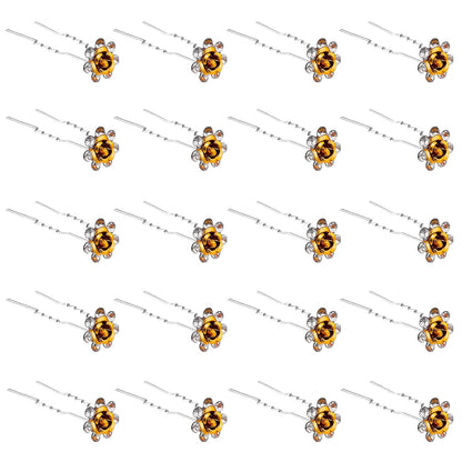 20 Pack (Yellow) Crystal Hair Pins Rose Flower Rhinestone Hair Clips for Bridal Wedding Women Hair Jewelry Accessories, with Clear Container