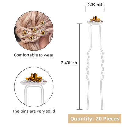 20 Pack (Yellow) Crystal Hair Pins Rose Flower Rhinestone Hair Clips for Bridal Wedding Women Hair Jewelry Accessories, with Clear Container