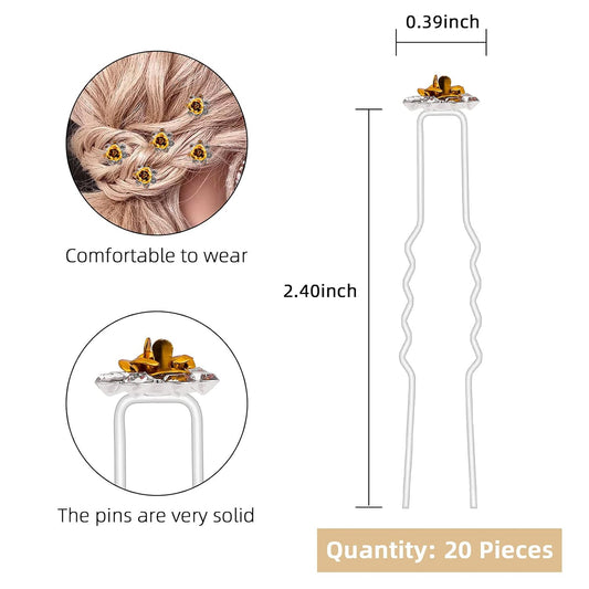20 Pack (Yellow) Crystal Hair Pins Rose Flower Rhinestone Hair Clips for Bridal Wedding Women Hair Jewelry Accessories, with Clear Container