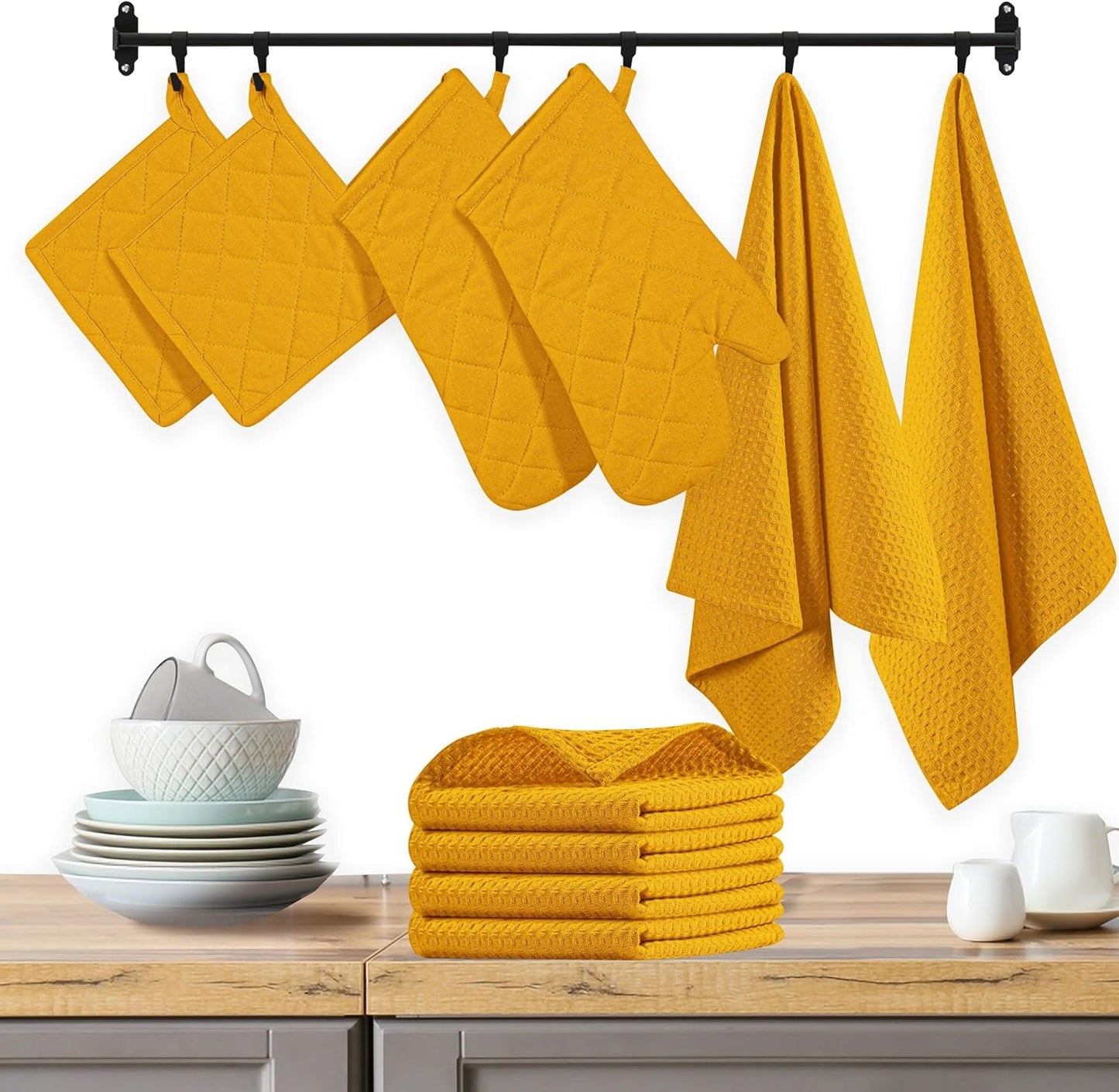 10-Piece Kitchen Set - 100% Cotton, Includes Dishcloths, Dish Towels, Oven Mitts, Potholders, Heat Resistant & Durable, Ideal for Baking, Cooking, and All Kitchen Tasks - Mustard Yellow