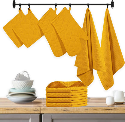 10-Piece Kitchen Set - 100% Cotton, Includes Dishcloths, Dish Towels, Oven Mitts, Potholders, Heat Resistant & Durable, Ideal for Baking, Cooking, and All Kitchen Tasks - Mustard Yellow